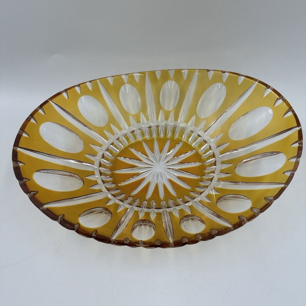 Vintage Amber Cut Crystal Oval Console Bowl Starburst Centerpiece Dish 9” Decor